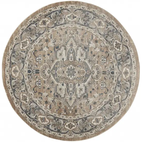 Beige And Grey Round Oriental Power Loom Non Skid Area Rug Photo 2