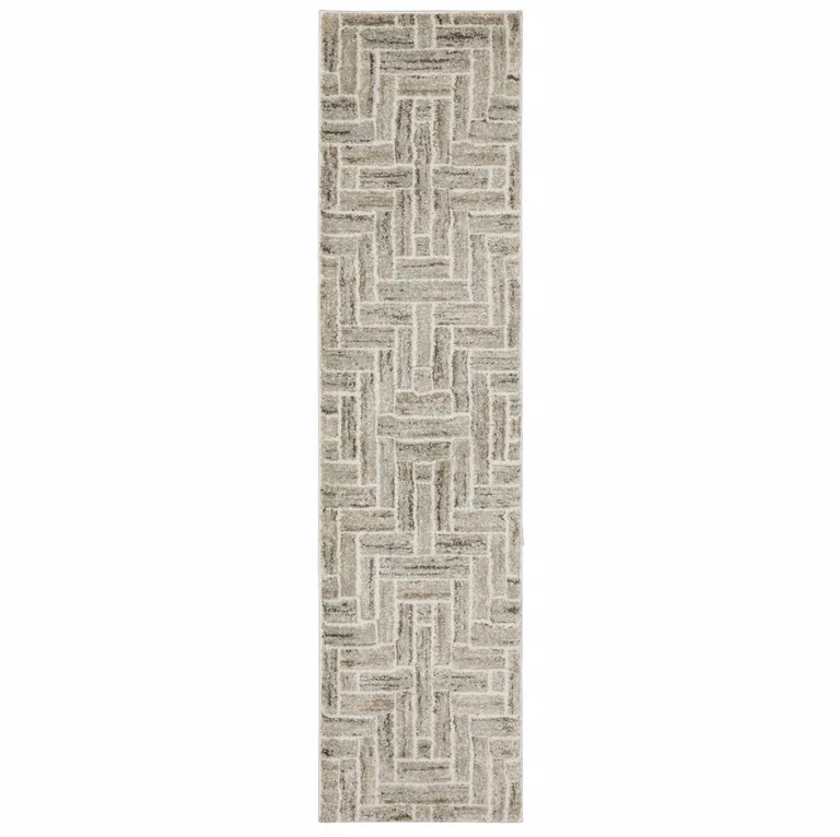 Beige And Ivory Geometric Power Loom Runner Rug Photo 1