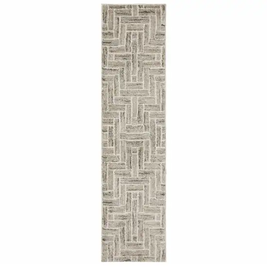 Beige And Ivory Geometric Power Loom Runner Rug Photo 1