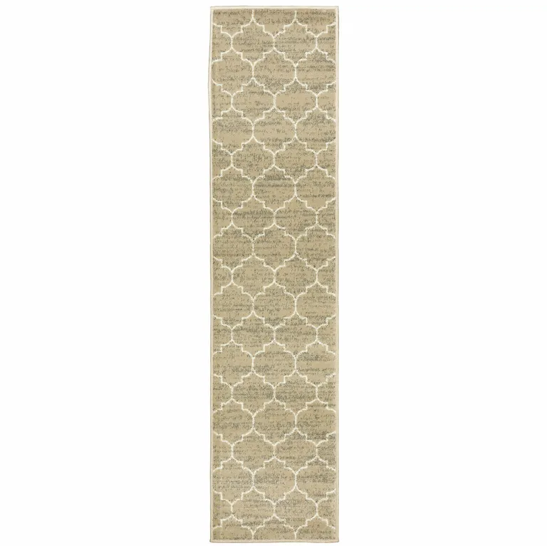 Beige And Ivory Geometric Power Loom Stain Resistant Runner Rug Photo 1