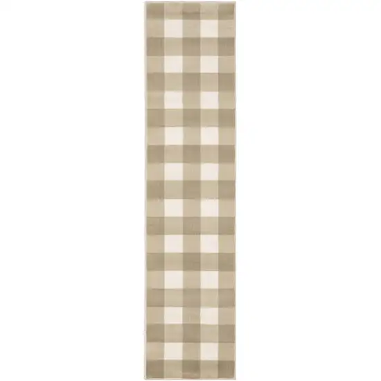 Beige And Ivory Geometric Power Loom Stain Resistant Runner Rug Photo 1