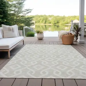 Photo of Beige And Ivory Geometric Washable Indoor Outdoor Area Rug