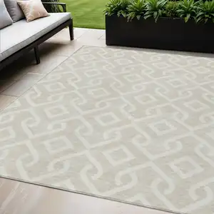 Photo of Beige And Ivory Geometric Washable Indoor Outdoor Area Rug