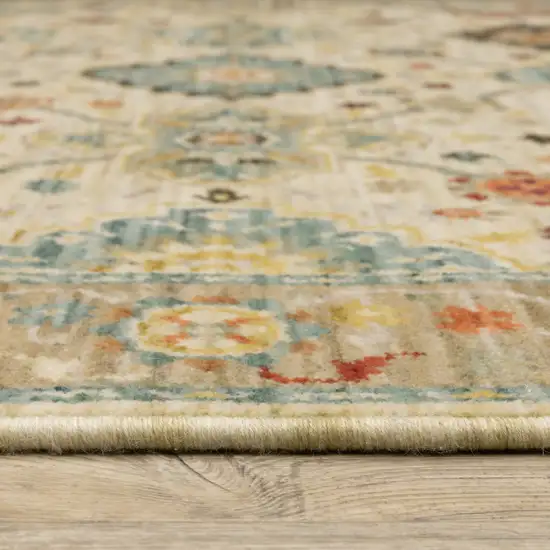 Beige And Ivory Oriental Power Loom Runner Rug With Fringe Photo 3