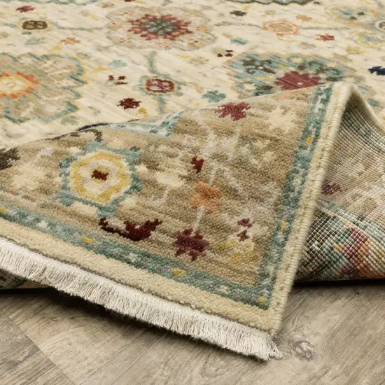 Beige And Ivory Oriental Power Loom Runner Rug With Fringe Photo 7