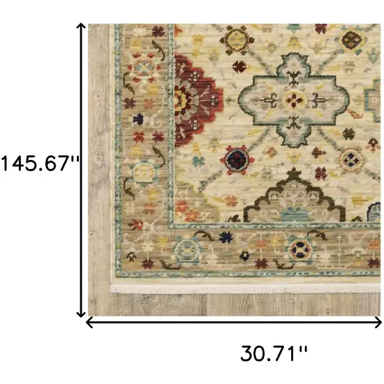 Beige And Ivory Oriental Power Loom Runner Rug With Fringe Photo 10