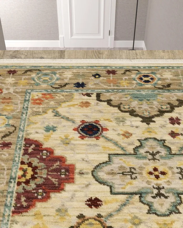 Beige And Ivory Oriental Power Loom Runner Rug With Fringe Photo 2