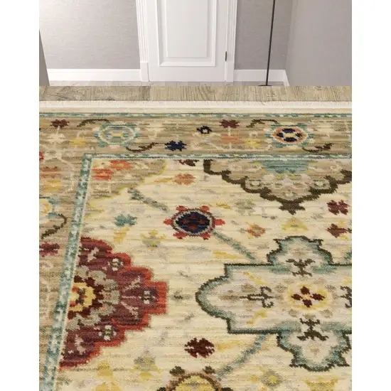 Beige And Ivory Oriental Power Loom Runner Rug With Fringe Photo 2