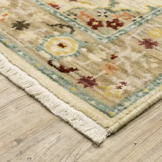 Beige And Ivory Oriental Power Loom Runner Rug With Fringe Photo 4