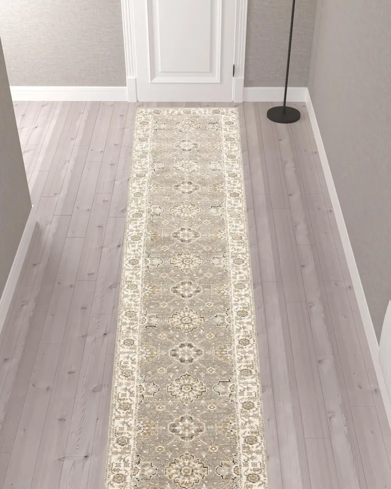 Beige And Ivory Oriental Power Loom Runner Rug Photo 2