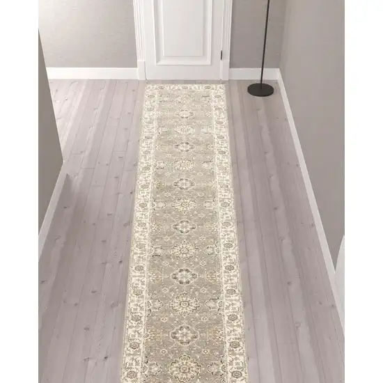 Beige And Ivory Oriental Power Loom Runner Rug Photo 2