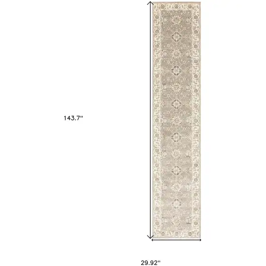 Beige And Ivory Oriental Power Loom Runner Rug Photo 4