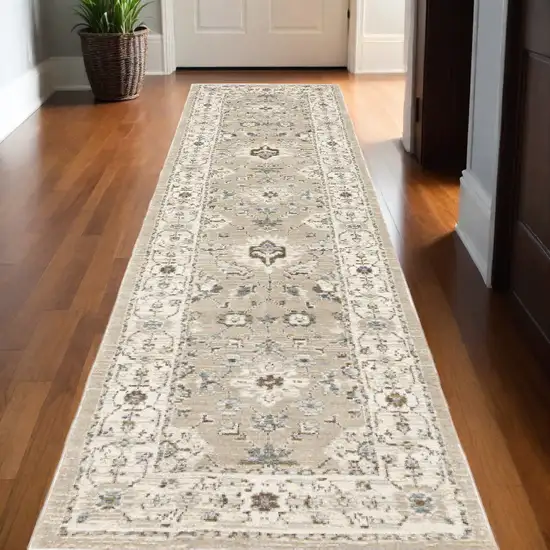 12' Runner Beige and Ivory Oriental Power Loom Runner Rug Photo 1