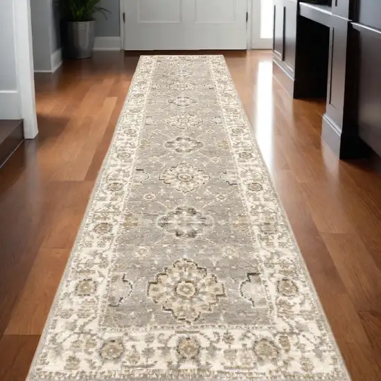 12' Runner Beige and Ivory Oriental Power Loom Runner Rug Photo 1