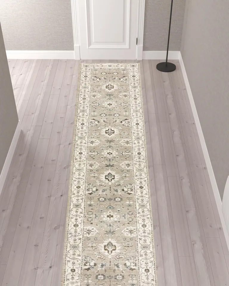 Beige And Ivory Oriental Power Loom Runner Rug Photo 2