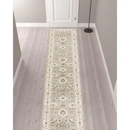 Beige And Ivory Oriental Power Loom Runner Rug Photo 2