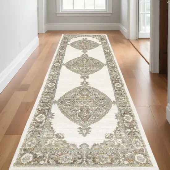 12' Runner Beige and Ivory Oriental Power Loom Runner Rug Photo 1