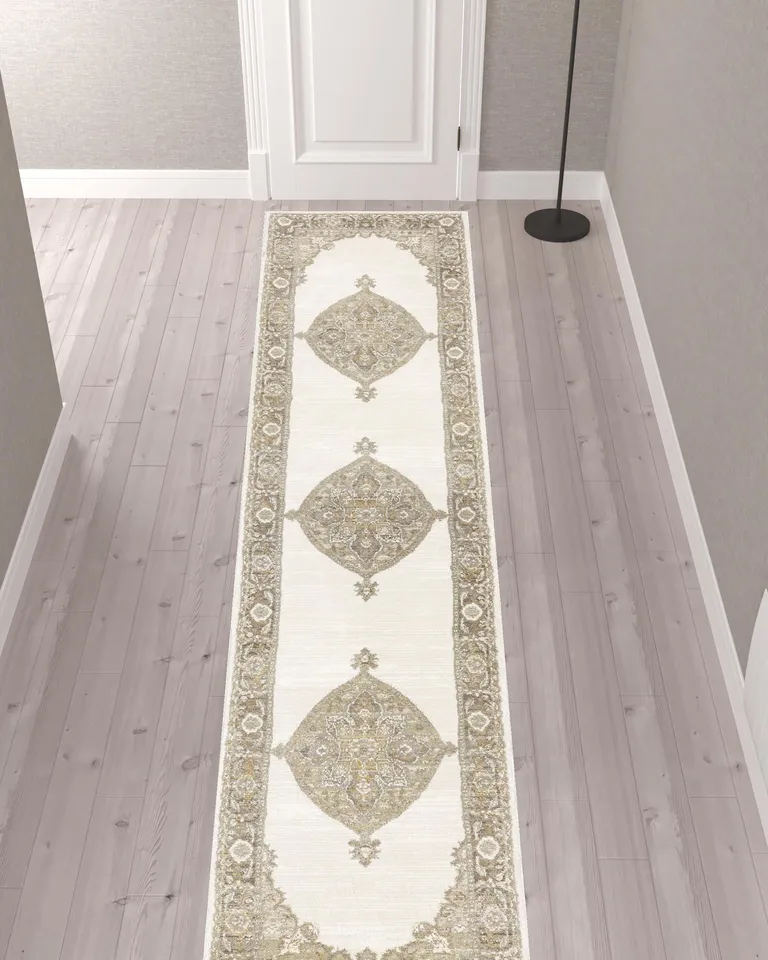 Beige And Ivory Oriental Power Loom Runner Rug Photo 2