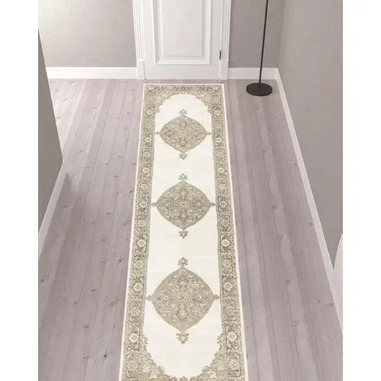 Beige And Ivory Oriental Power Loom Runner Rug Photo 2