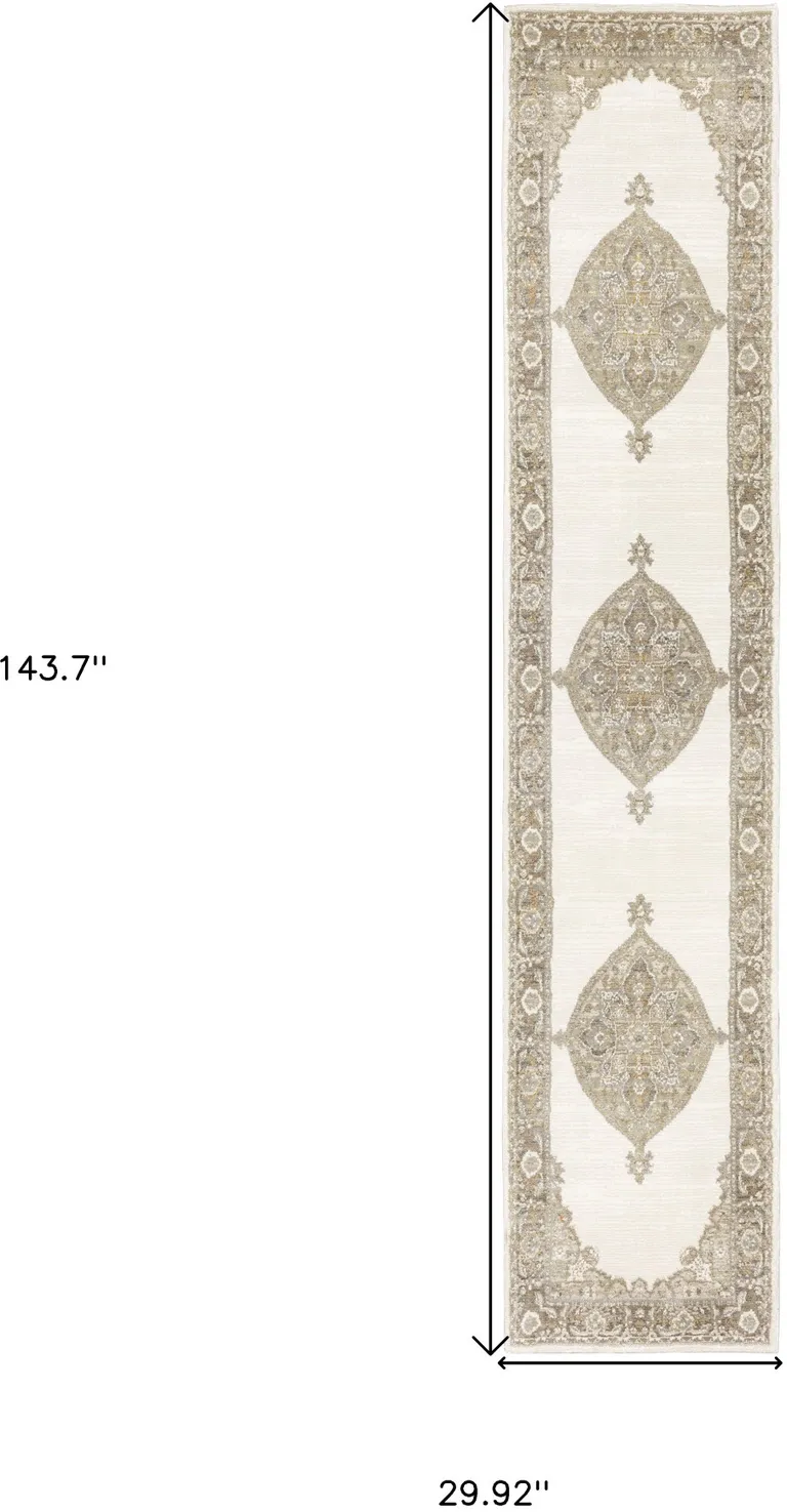 Beige And Ivory Oriental Power Loom Runner Rug Photo 5