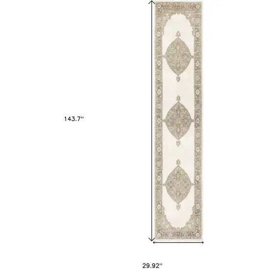 Beige And Ivory Oriental Power Loom Runner Rug Photo 5