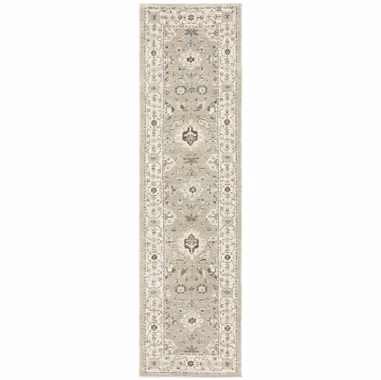 Beige And Ivory Oriental Power Loom Stain Resistant Runner Rug Photo 1