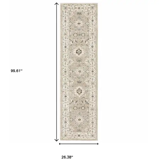 Beige And Ivory Oriental Power Loom Stain Resistant Runner Rug Photo 6