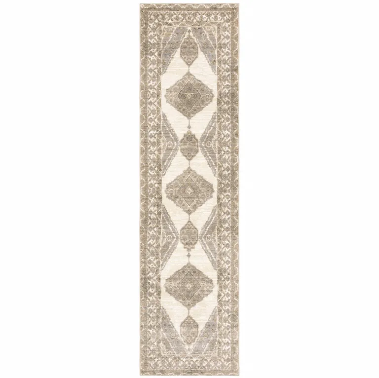 Beige And Ivory Oriental Power Loom Stain Resistant Runner Rug Photo 1