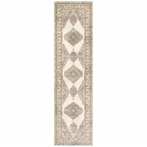 Photo of Beige And Ivory Oriental Power Loom Stain Resistant Runner Rug