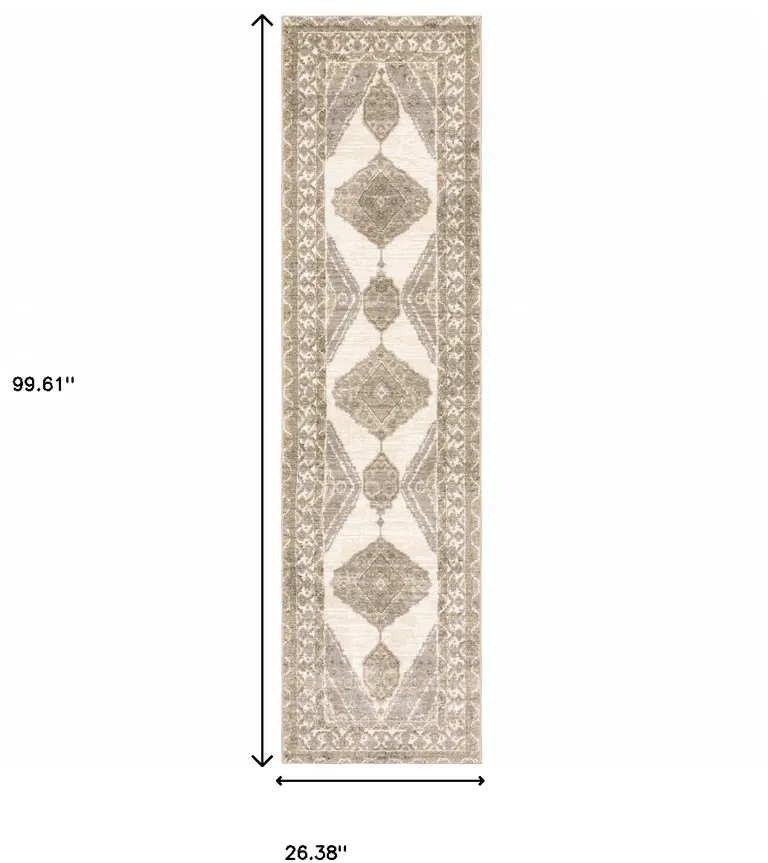 Beige And Ivory Oriental Power Loom Stain Resistant Runner Rug Photo 4