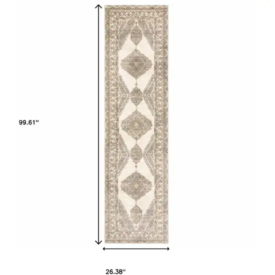 Beige And Ivory Oriental Power Loom Stain Resistant Runner Rug Photo 4