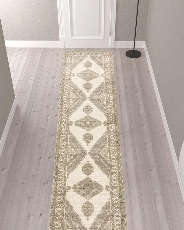 Beige And Ivory Oriental Power Loom Stain Resistant Runner Rug Photo 2