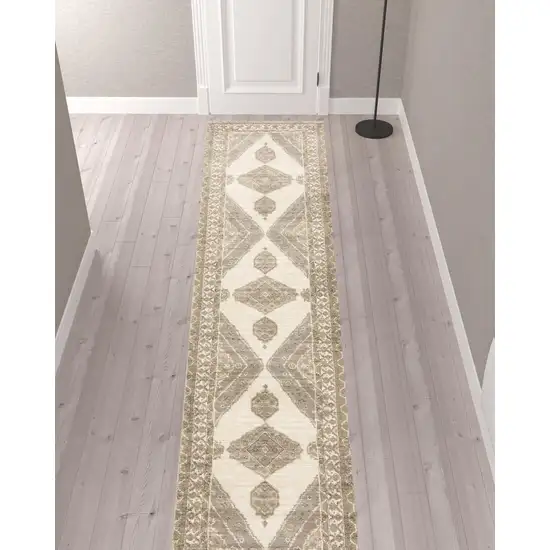 Beige And Ivory Oriental Power Loom Stain Resistant Runner Rug Photo 2