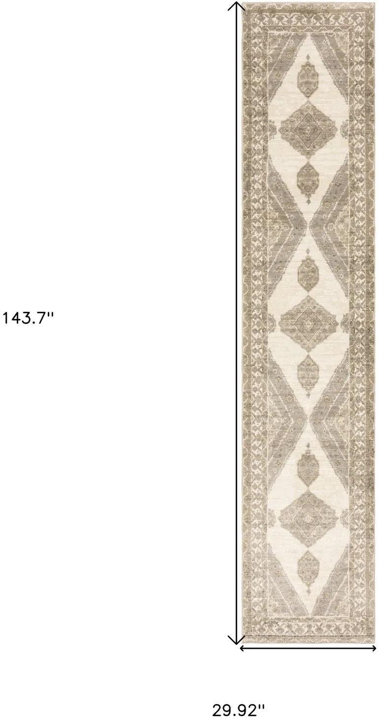 Beige And Ivory Oriental Power Loom Stain Resistant Runner Rug Photo 4