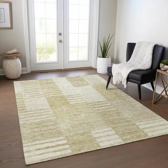 Beige And Ivory Striped Washable Indoor Outdoor Area Rug Photo 8