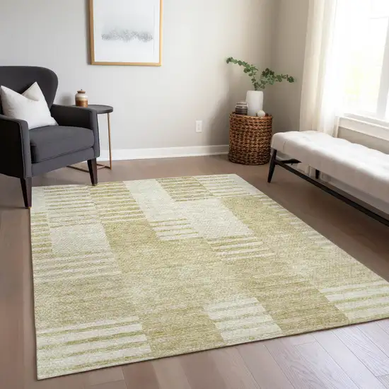 Beige And Ivory Striped Washable Indoor Outdoor Area Rug Photo 9