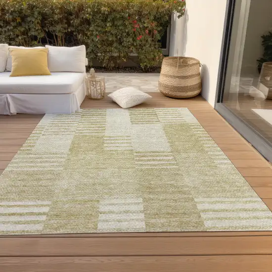 Beige And Ivory Striped Washable Indoor Outdoor Area Rug Photo 7