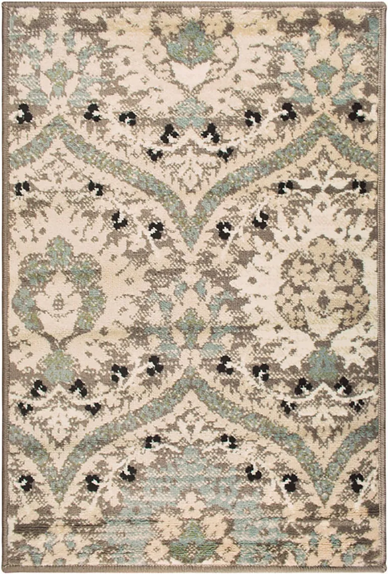 Beige And Light Blue Floral Stain Resistant Area Rug Photo 1