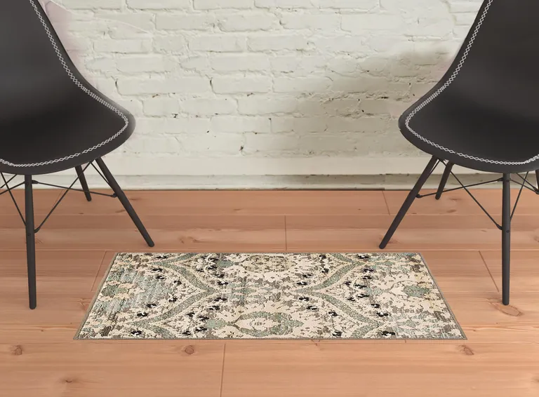 Beige And Light Blue Floral Stain Resistant Area Rug Photo 5