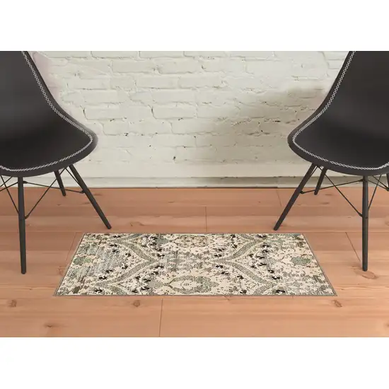 Beige And Light Blue Floral Stain Resistant Area Rug Photo 5