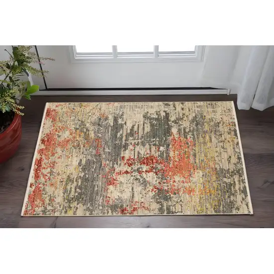 Beige And Pink Abstract Area Rug With Fringe Photo 1