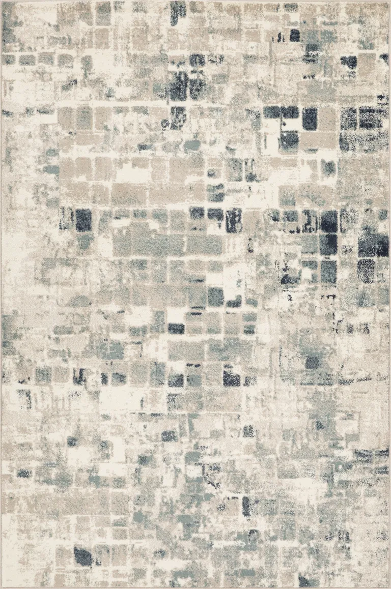 Beige Blue Abstract Tiles Distressed Area Rug Photo 1