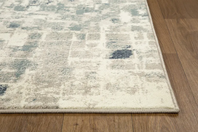 Beige Blue Abstract Tiles Distressed Runner Rug Photo 2