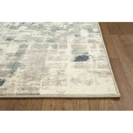 Beige Blue Abstract Tiles Distressed Runner Rug Photo 2