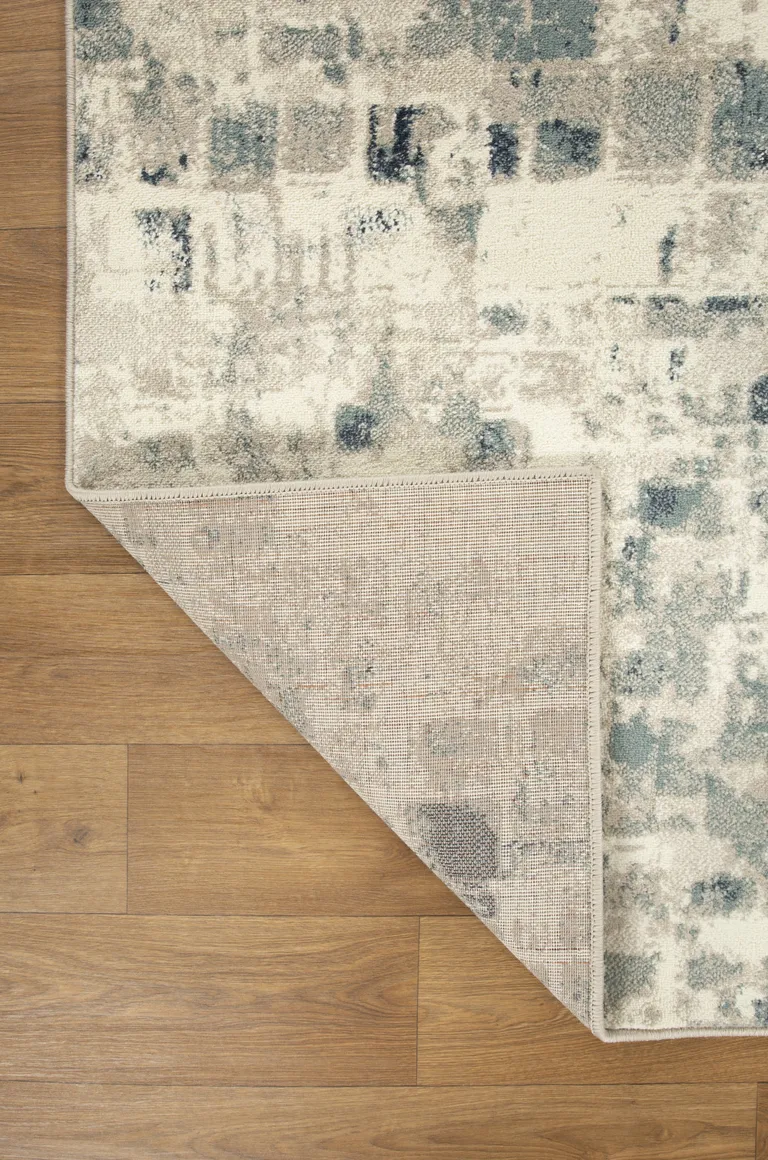 Beige Blue Abstract Tiles Distressed Runner Rug Photo 3