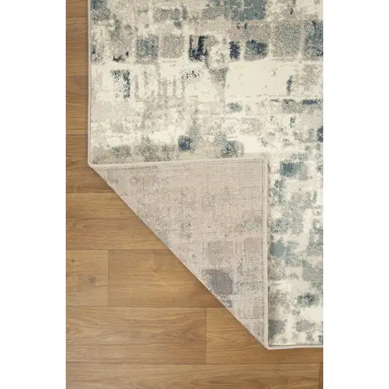 Beige Blue Abstract Tiles Distressed Runner Rug Photo 3