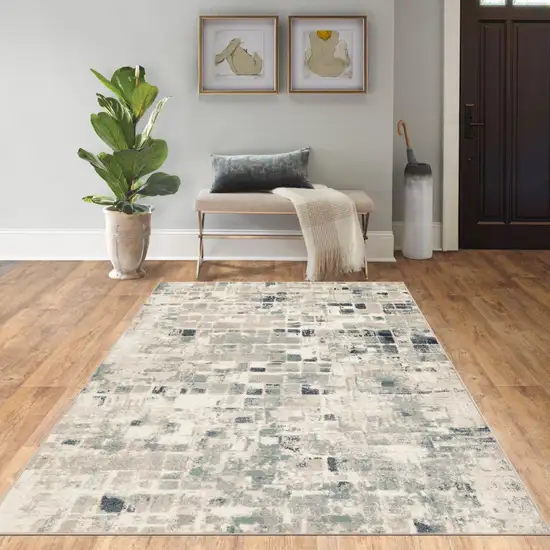 Beige Blue Abstract Tiles Distressed Runner Rug Photo 8