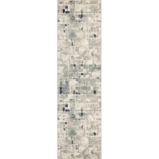 Beige Blue Abstract Tiles Distressed Runner Rug Photo 4