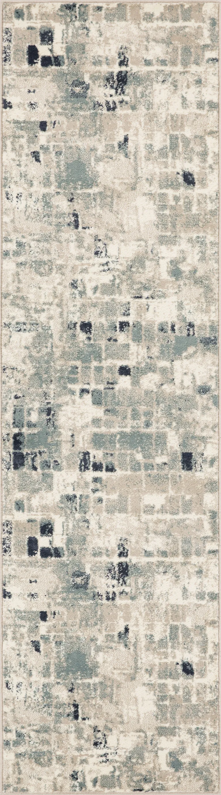 Beige Blue Abstract Tiles Distressed Runner Rug Photo 4