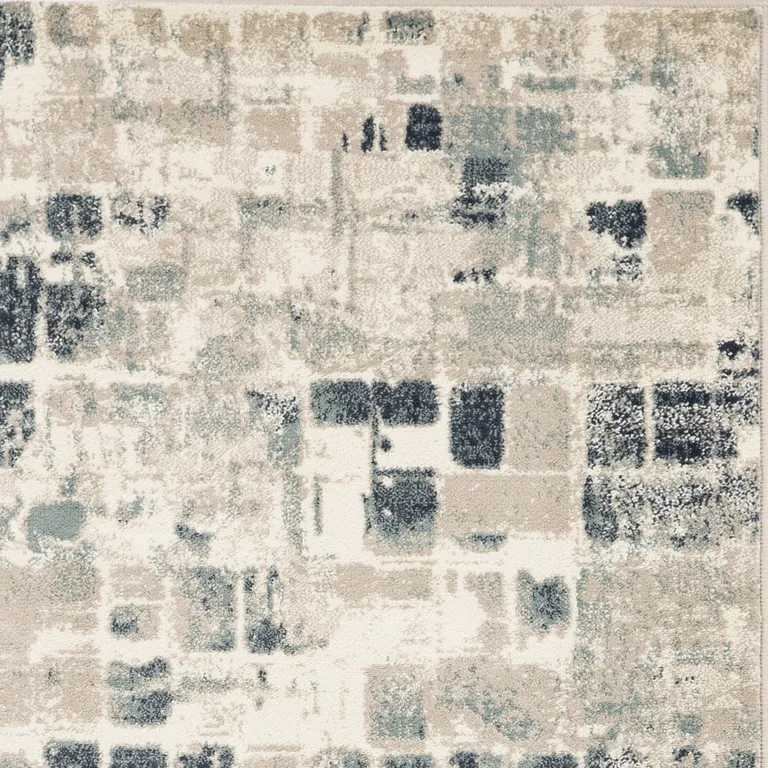 Beige Blue Abstract Tiles Distressed Runner Rug Photo 5